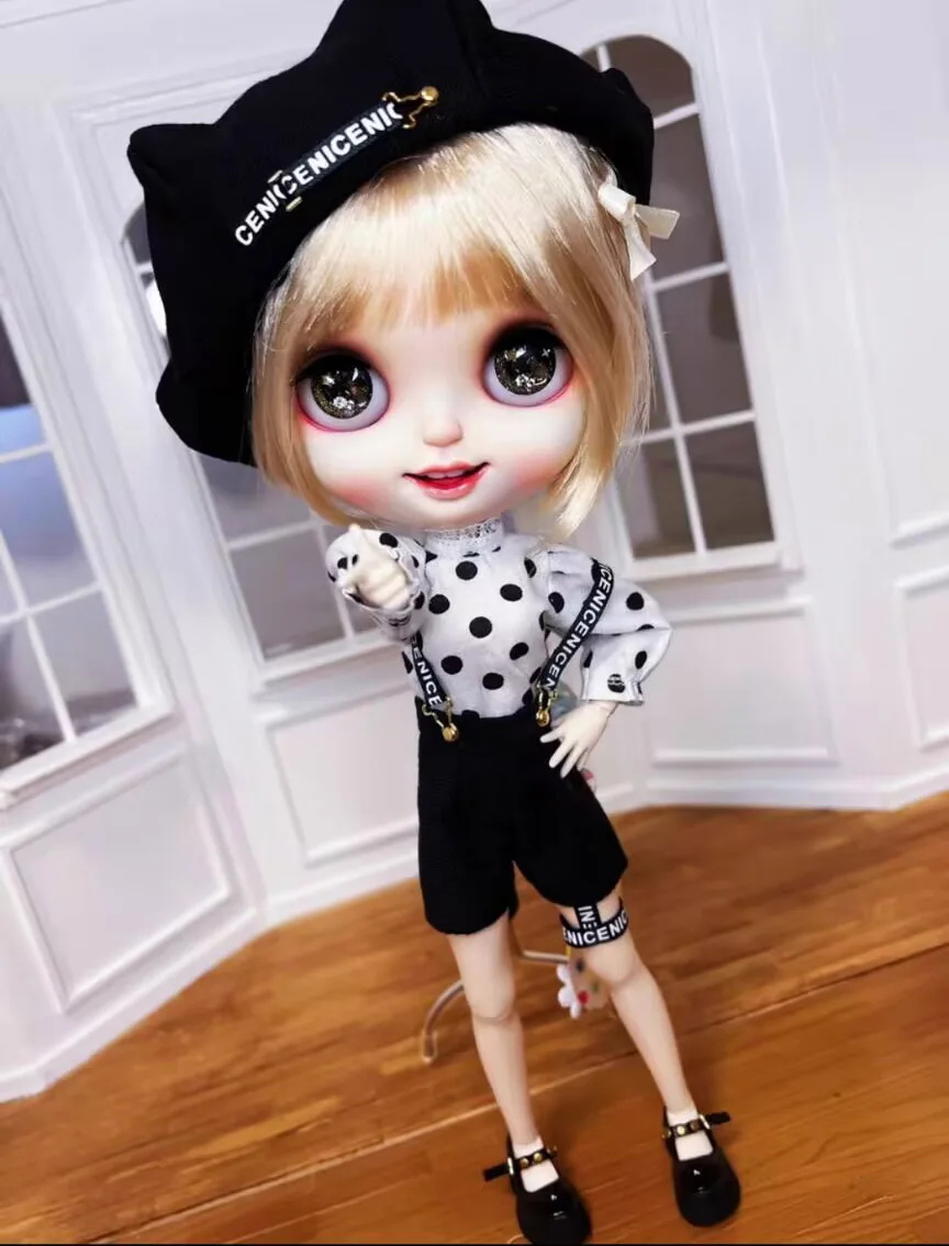 2025 3pcs leisure style dot Blythe/Landoudou Top, overalls, beret (1/6 30cm(Fit for  azone,Pullip,Ob22/24/26, Licca)