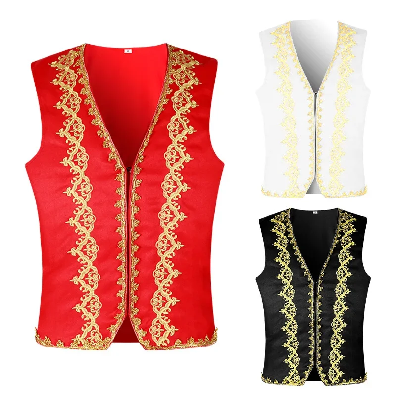 Medieval Gold Embroidery Baroque Vest Men Slim Fit Palace Prince Black Vest Waistcoat Men Stage Prom Drama Opera Costume Gilet