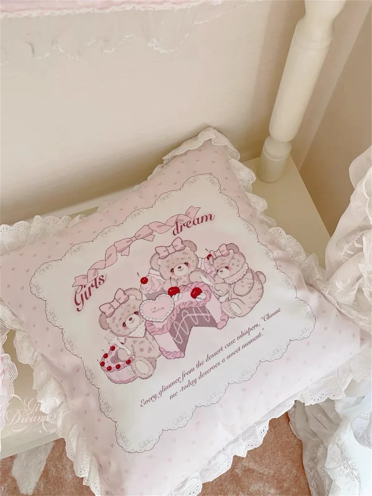 Pink Cute Throw Pillow Lace Cartoon Square Pillows Kawaii Anime Soft Waist Sofa Cushion Car Home Bedroom Decoration