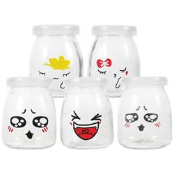 5pcs 150ml Face Pudding Bottle Glass Heat-resistant Yogurt Containers Milk Cup Jelly Jar (Random Pattern)