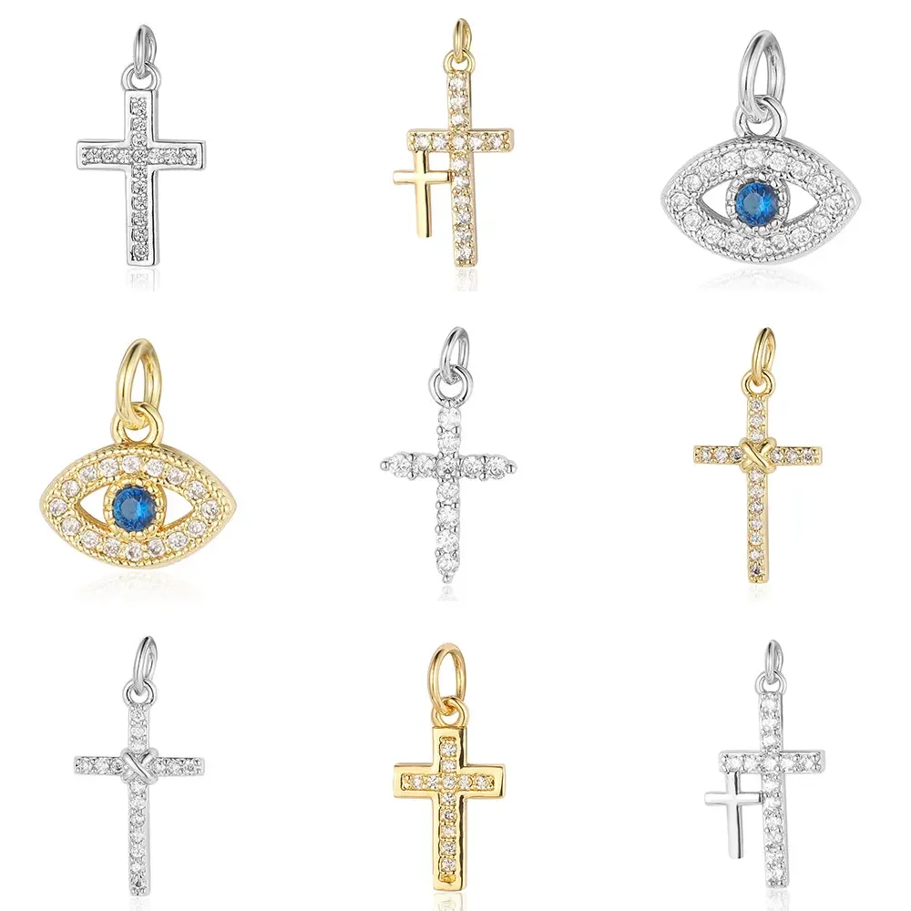 5pcs/Lot 2Colors Religious Evil Eye Copper Zircon DIY Jewelry Pendant Wholesale Cross Bear CZ Charms Necklace Earring Making