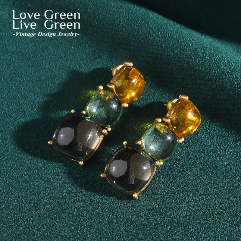 

Vintage Transparent Colored Sugar Beans Drop Earrings Glass Crystal Gold Color Luxury Quality Jewelry Woman Cute Accessories