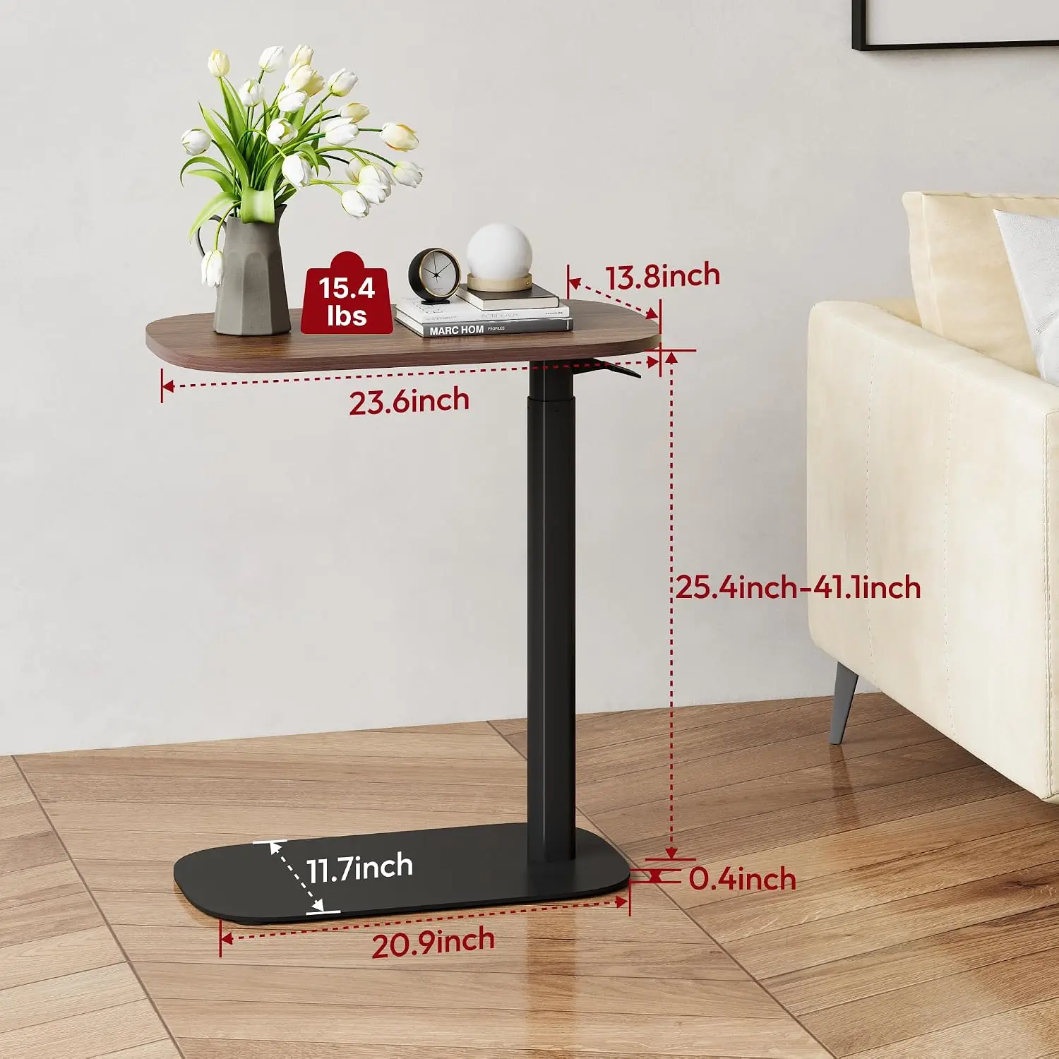 Black‑Walnut 24‑Inch Pneumatic Height‑Adjustable Mobile Overbed Standing Desk, 23.6