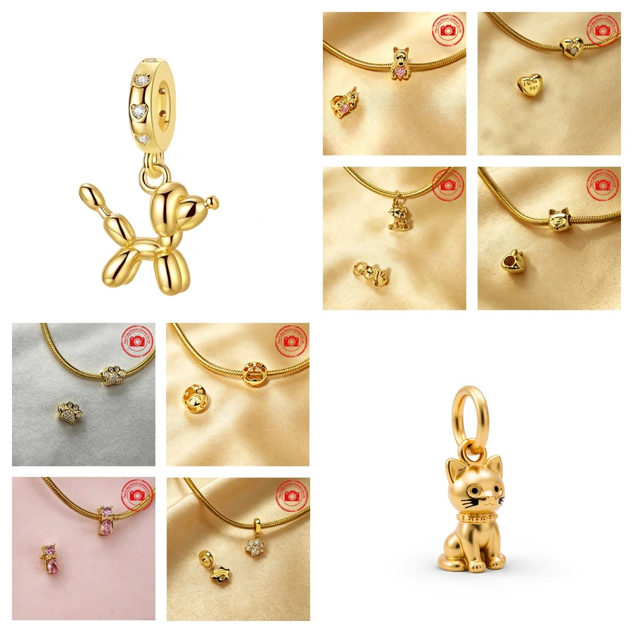 Hot Sale Golden Pet Charms DIY Women Jewelry Gifts Sparkling Pet Paw Print Pet Dog & Pet Cat Beads Fit Original Snake Bracelets