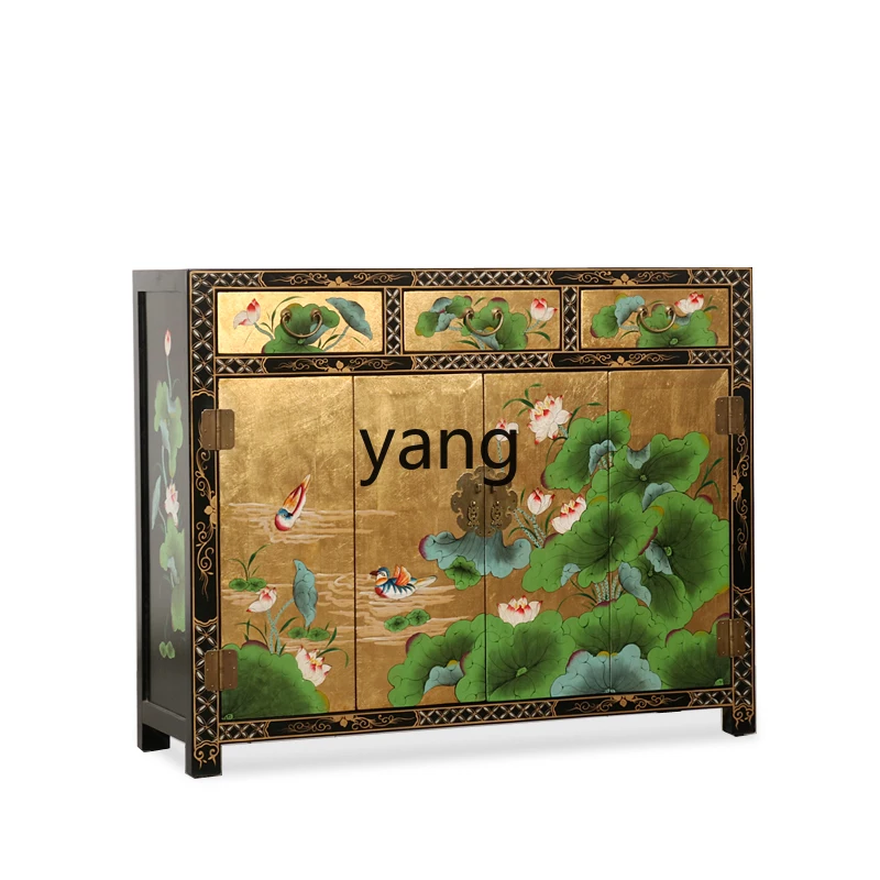 

LH neoclassical gold foil lotus shoe cabinet, entrance solid wood antique hand-painted storage side cabinet