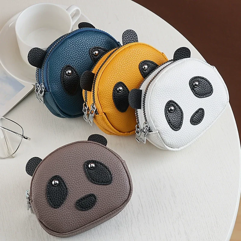 Creative Panda PU Leather Double Layer Coin Purse, Cute Small Zipper Wallet for Women, Fashion Compact Money Pouch