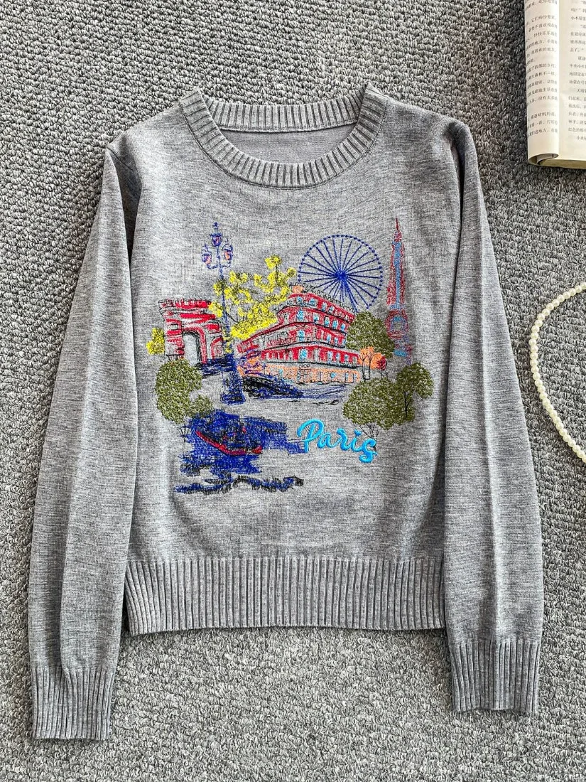 Foamlina High Street Embroidered Sweater Top 2025 Autumn Winter Women Fashion O Neck Long Sleeve Knitted Pullovers Jumper Tops