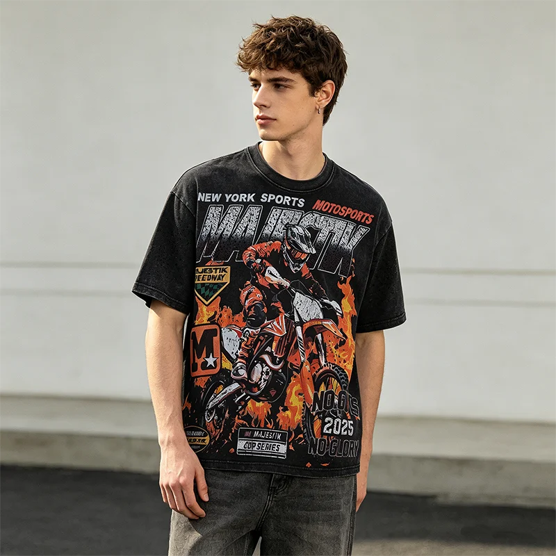 Vintage Washed Fire Print T-Shirts für Herren Y2k Streetwear Lustige Motorsport Dirt Bike Grafik-T-Shirts Sommer Übergroße Unisex-Kleidung – Detail 3