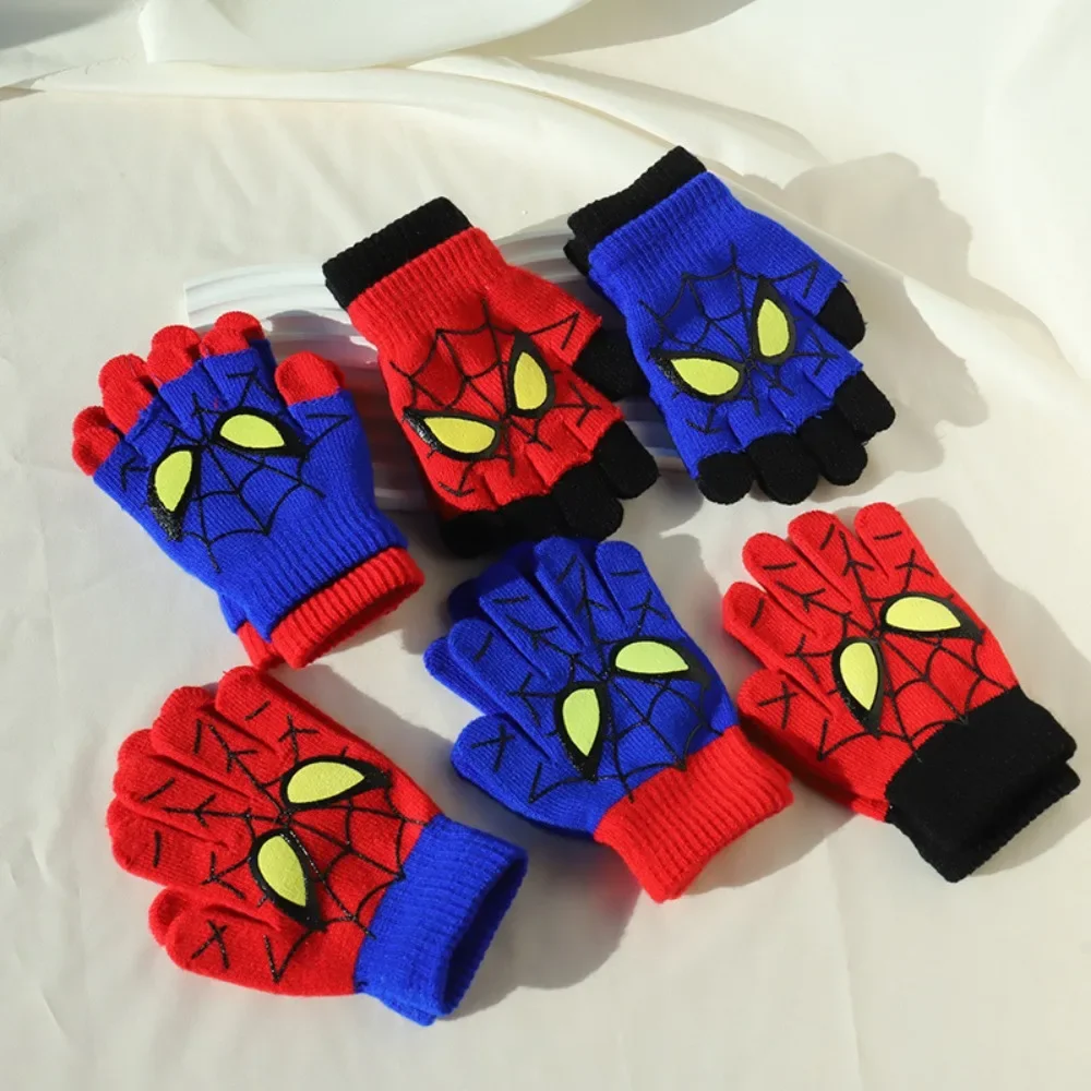 Marvel Spider-Man Kids Gloves Winter Warm Knitted Half Finger Gloves Boys Cartoon Hero Mitten for 6-12 Years Old School Children