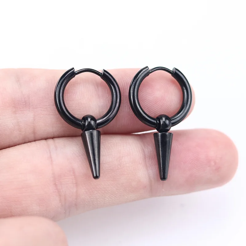 Rock Cone Pendant Hoop Earrings Female Men Stainless Steel Geometric Cartilage Single Earring Hip Hop Piercing Jewelry