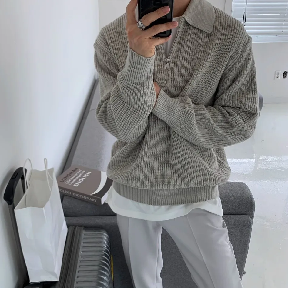 ملابس تريكو كاجوال كاجوال للرجال من American Sle بسحاب للخريف والشتاء من ألياف البوليستر فضفاضة ودافئة ومرنة