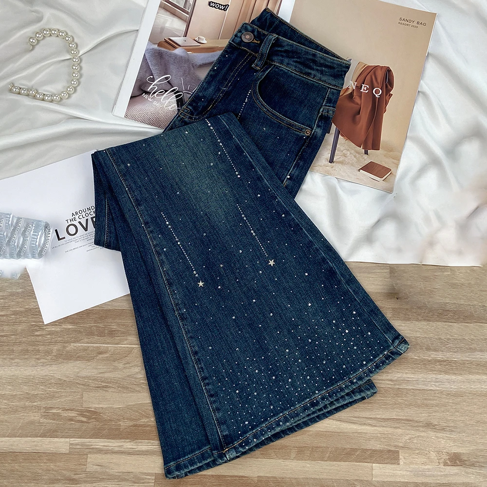 

Diamonds Blue Denim Pants for Women Spring Autumn High Waist Slim Flared Jeans French Style Shiny Rivet Design Trousers