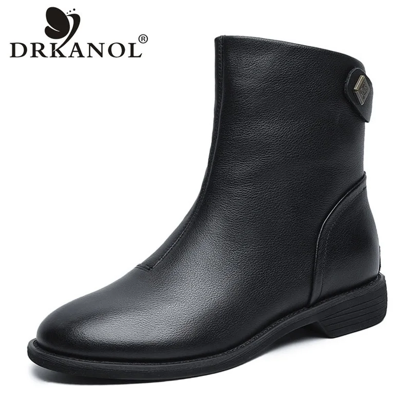DRKANOL 2025 Women Mid Calf Boots Autumn Winter Warm Genuine Cow Leather British Style Back Zipper Casual Flat Heel Ladies Boots