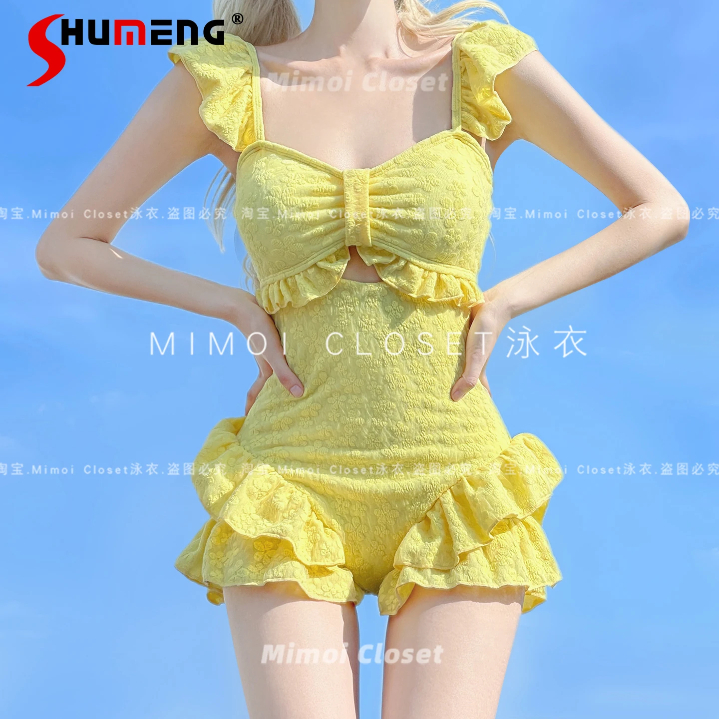 

Sweet Cute Girl One-piece Swimsuit Summer Square Collar Flying Sleeves Hollow Waist Sexy Backless Swimwears Women Swimming Suits