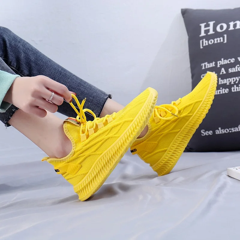 2022 Fashion Spring Female Sneakers Women Shoes Korean Mesh Yellow Ladies Shoes Woman Lace Up Red Black Casual Shoes Breathable