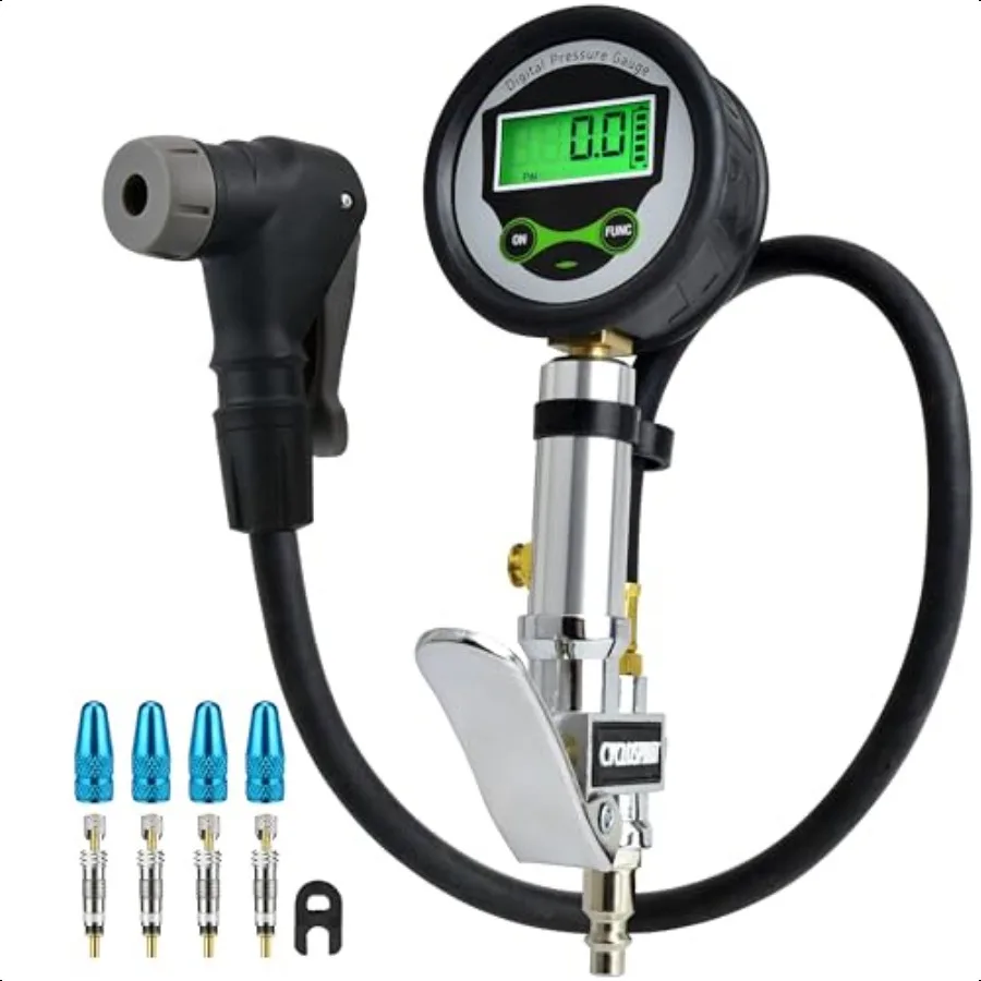 

Digital Bicycle Tire Iator Gauge with AutoSelect Vae Type Presta and Schrader Air Compror Tool