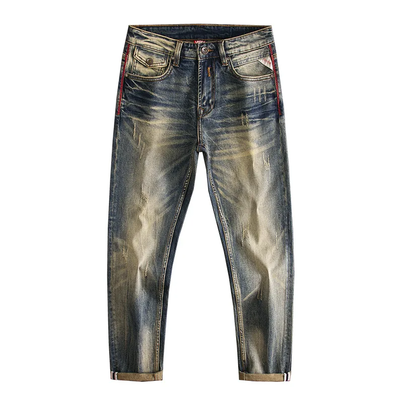 جينز عالي الجودة للرجال، مقاس نحيف مغسول بالحنين الأمريكي القديم، سروال صغير مستقيم مرن للخريف والشتاء عصري