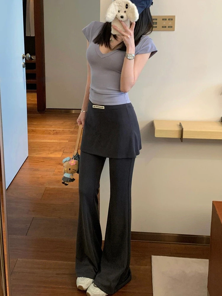 High grade silky smooth and wrinkle resistant pants slimming slightly flared design women fake two piece fart curtain pants