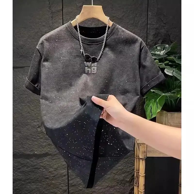 Korean Fashion Men New Pure Cotton T-Shirts Summer O-Neck Tie Dye Letter Gypsophila Sequined Trend Casual Short Sleeve Loose Top