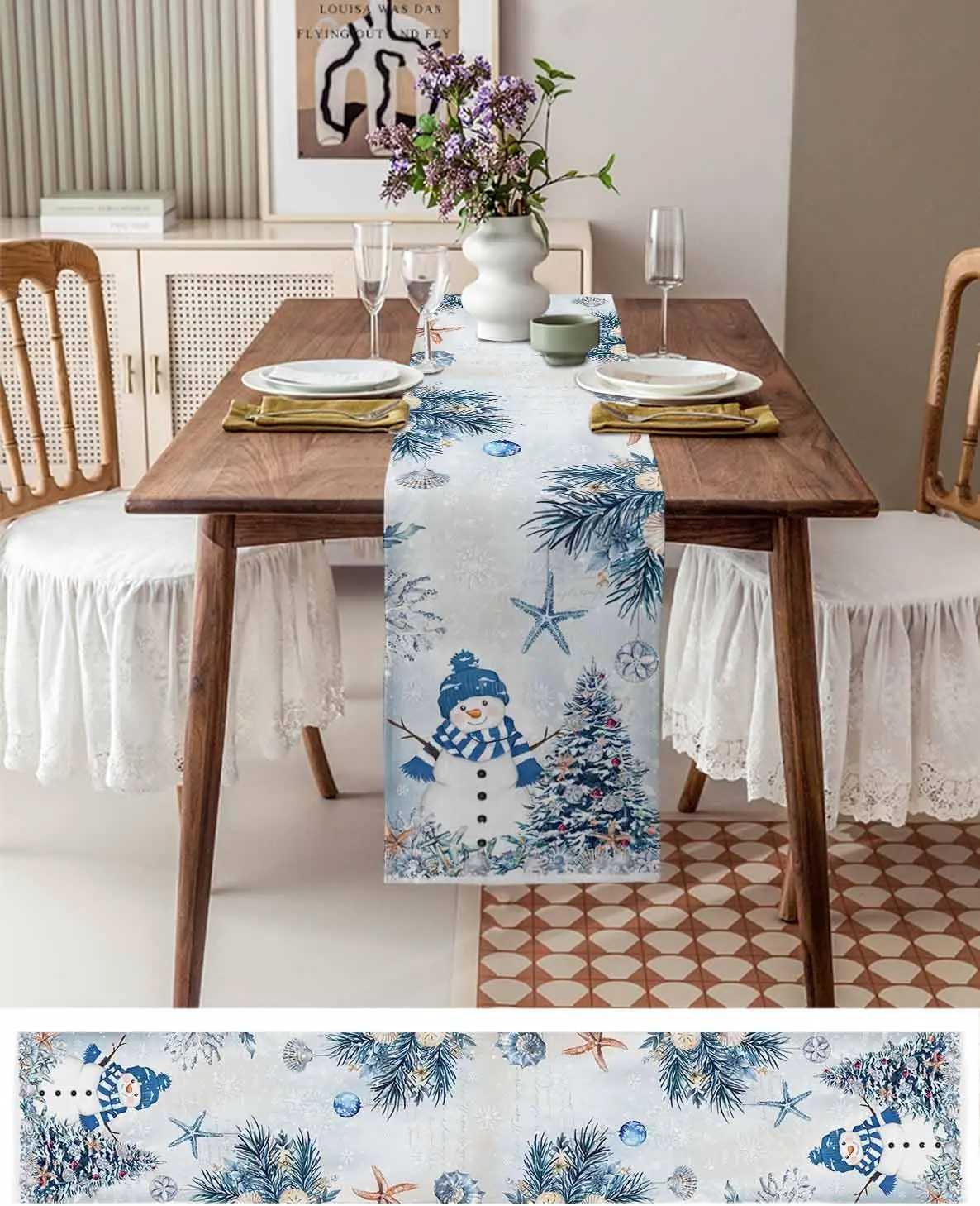 Merry Christmas Blue Snowman Snowflake Linen Table Runner Home Decor Winter Xmas Tree Kitchen Table Runners Christmas Decoration