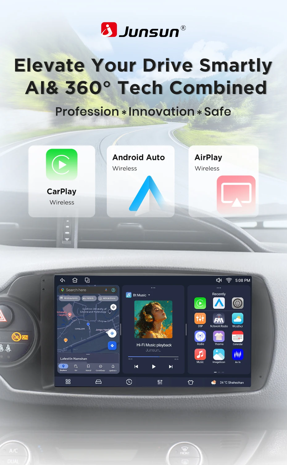 Junsun Android 15 Auto-Intelligentes System für Toyota Yaris 2012-2017 AI Wireless CarPlay für Apple Auto 9" IPS Touchscreen – Detail 4