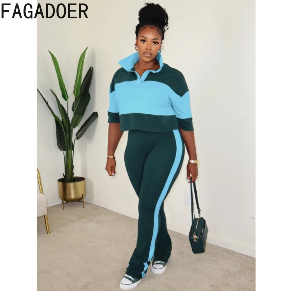 FAGADOER Fashion Color Patchwork 2 Piece Sets Trendy Short Sleeve Crop Top High Waist Flare Pants Outfits Street Style Suits New image 3
