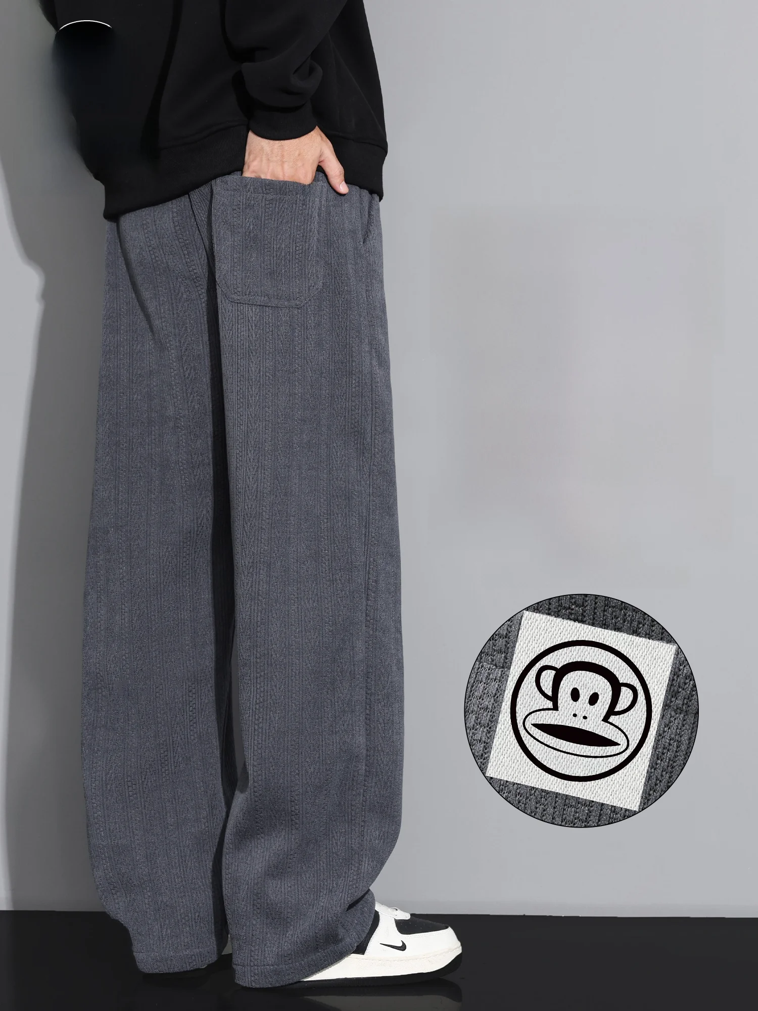 

Мужские повседневные брюки Paul Frank: Новинка весны, свободные прямые брюки с эффектом драпировки, спортивные длинные брюки с принтом «Большая обезьяна» и узором «Пшеничный колос»