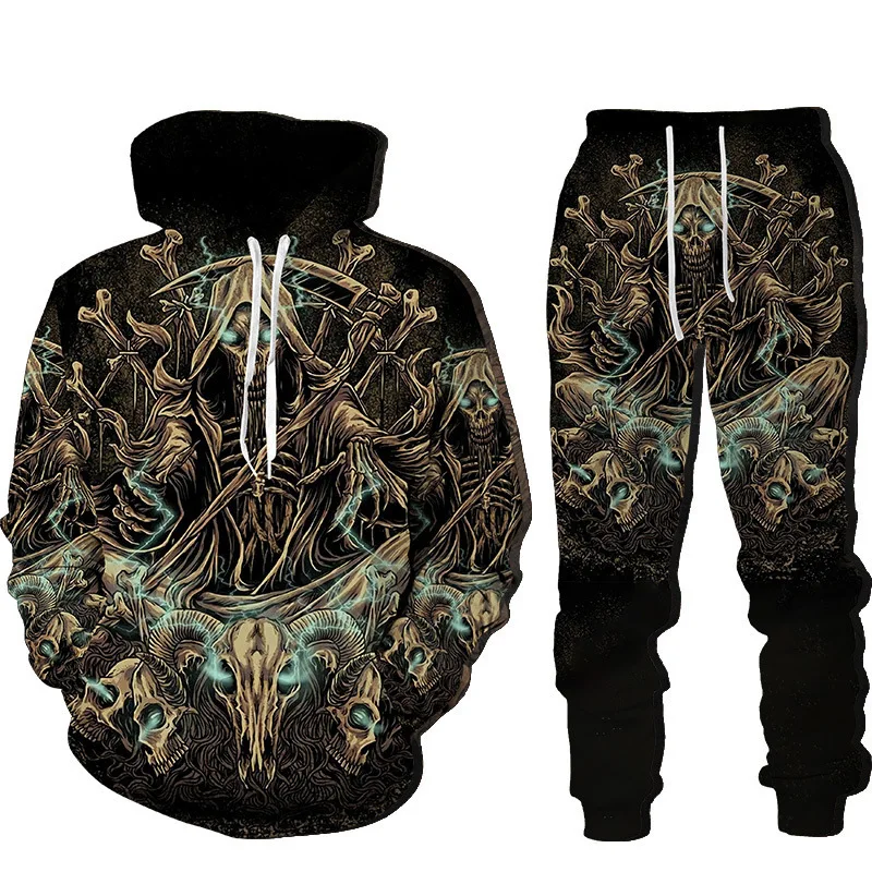 Men's Tracksuit Suit  Terror Skull Graphic Casual Sports 3D Print Pullover Pants 2pcs Autumn Streetwear Oversize Y2k Clothing