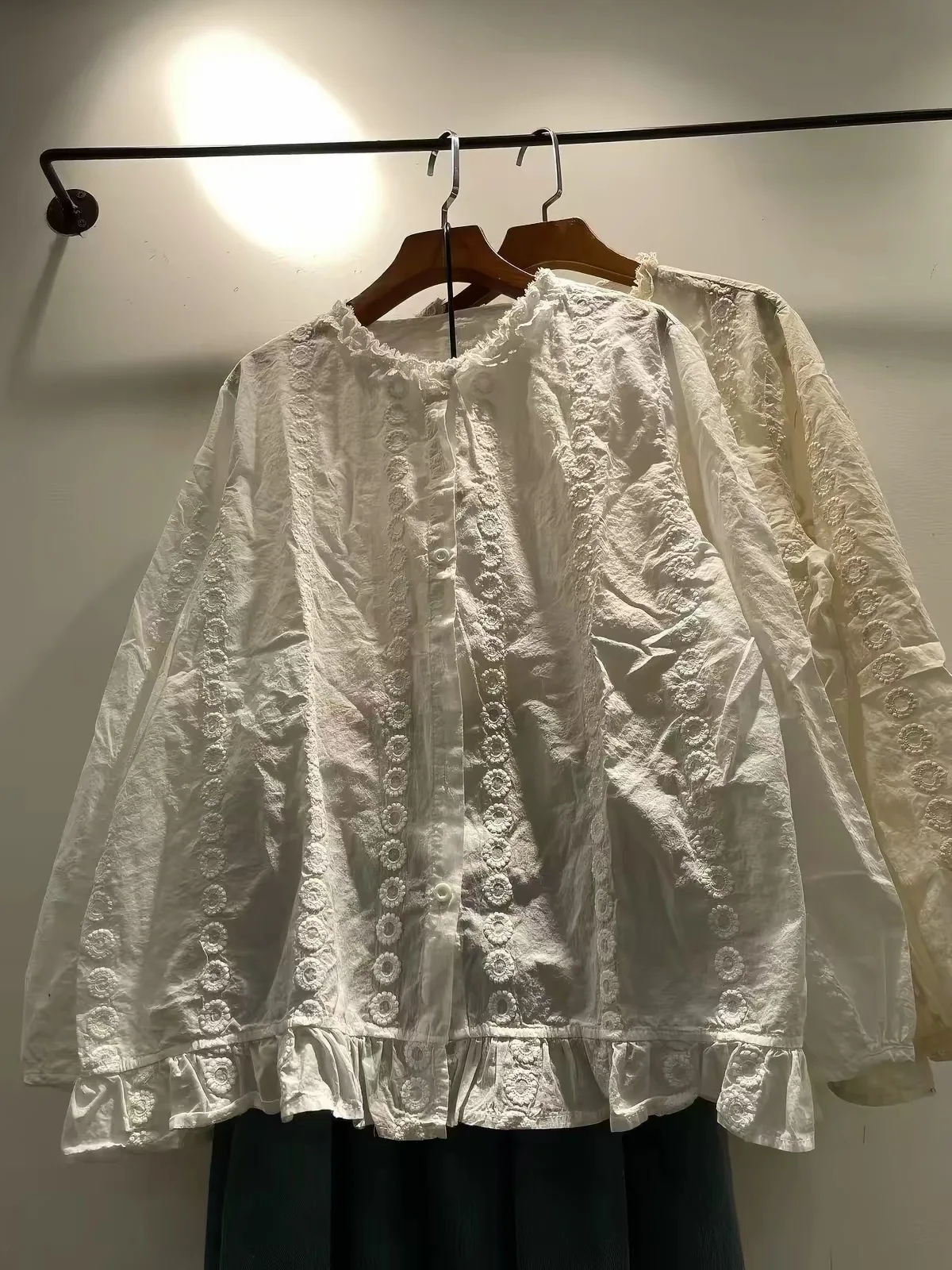 Women Japanese Style All Over Floral Embroidery Cotton Blouse Mori Girl Ruffle Round Neck Long Sleeve Sweet Loose Shirt