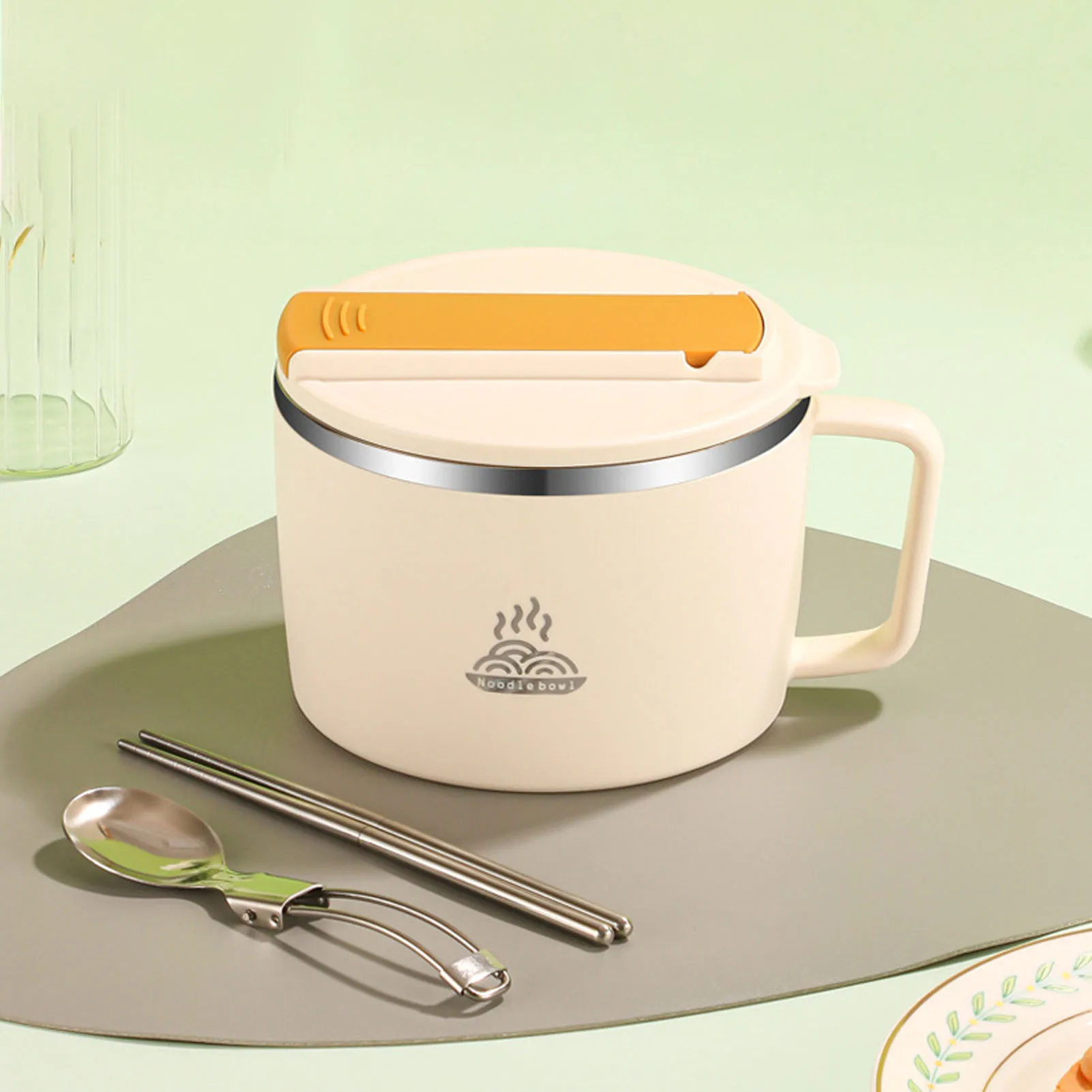 1200ml Stainless Steel Ramen Bowl with Lid Chopsticks Spork Portable Noodle Cup 304 Steel Food Container for Office School