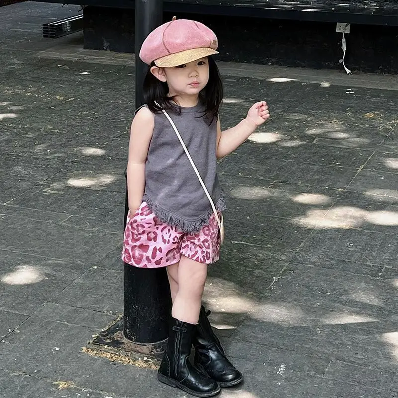 

Summer Children's Clothing New Girls' Suit 2025 Children's Leopard Print Shorts Sleeveless Vest Boys' Korean Summer Clothing
