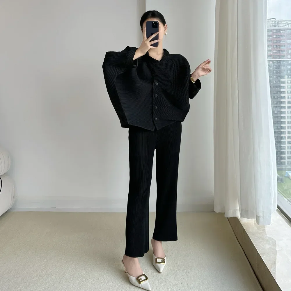 Pleated Solid Women's Suit Fashion Temperament Jacket + Toothpick Pleats Hundred Slim Wide Leg Pants 2-piece Set 2024 Autumn New