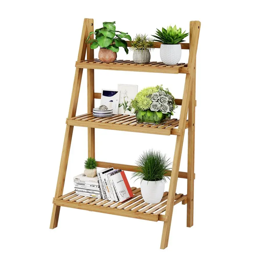 

39.4 Foldable Plant Shelf Ladder Shelf, 3 Tier Bamboo Ladder Flower Pot Display Shelf, Freestanding Ladder Bookshelf for Garden
