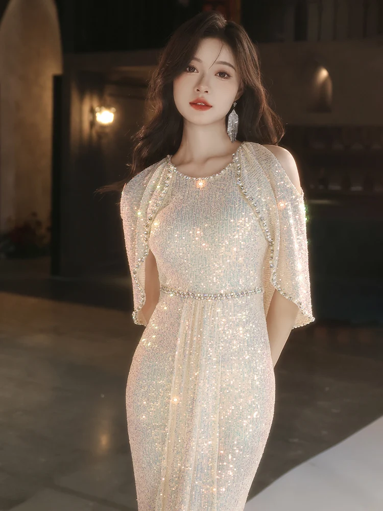 

Шикарное вечернее платье цвета шампань 2025 года: Новинка, высококлассная элегантность для ведущих женщин на ежегодных встречах и банкетах, с юбкой-русалкой