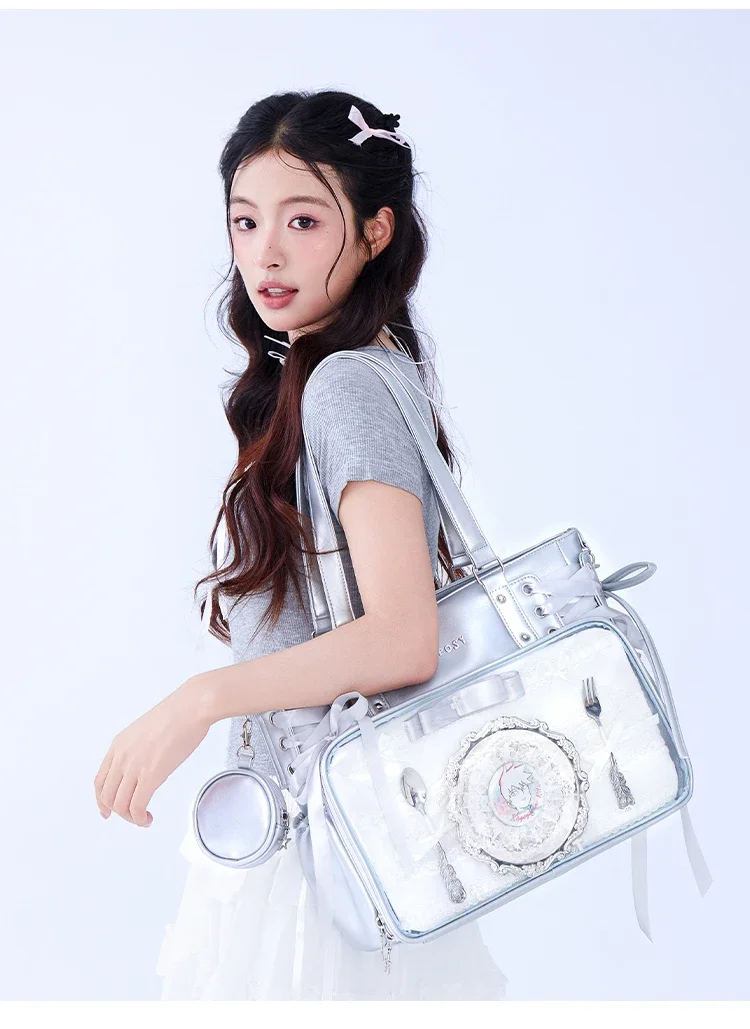 Sweet Cute Kawaii Shoulder Crossbody Bags Transparent Itabag Large Capacity Ribbon Messenger Bag Handbag Purse Women