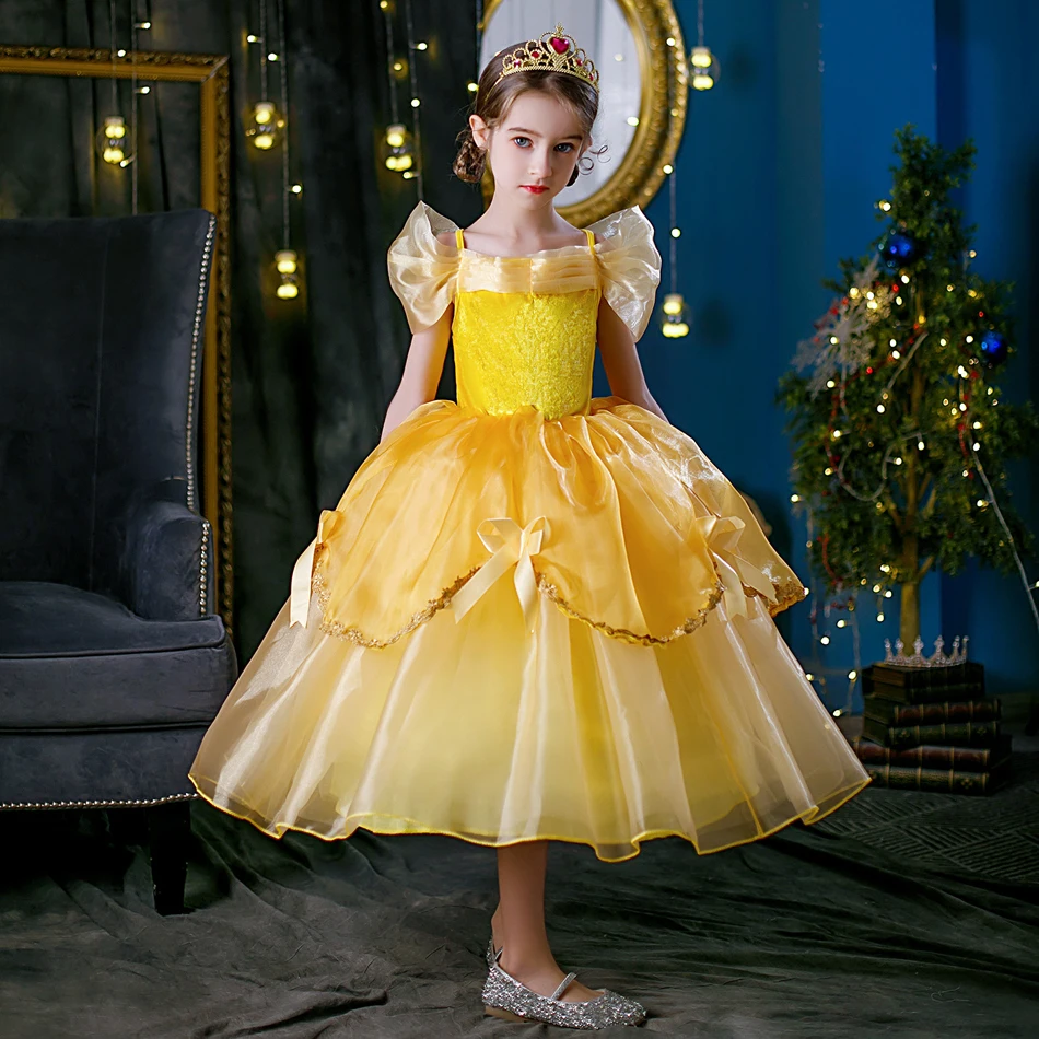 Vestido de princesa bella para niñas, disfraz de La Bella y La Bestia, ropa de fiesta para niños, corona de palo mágico, cumpleaños para niños
