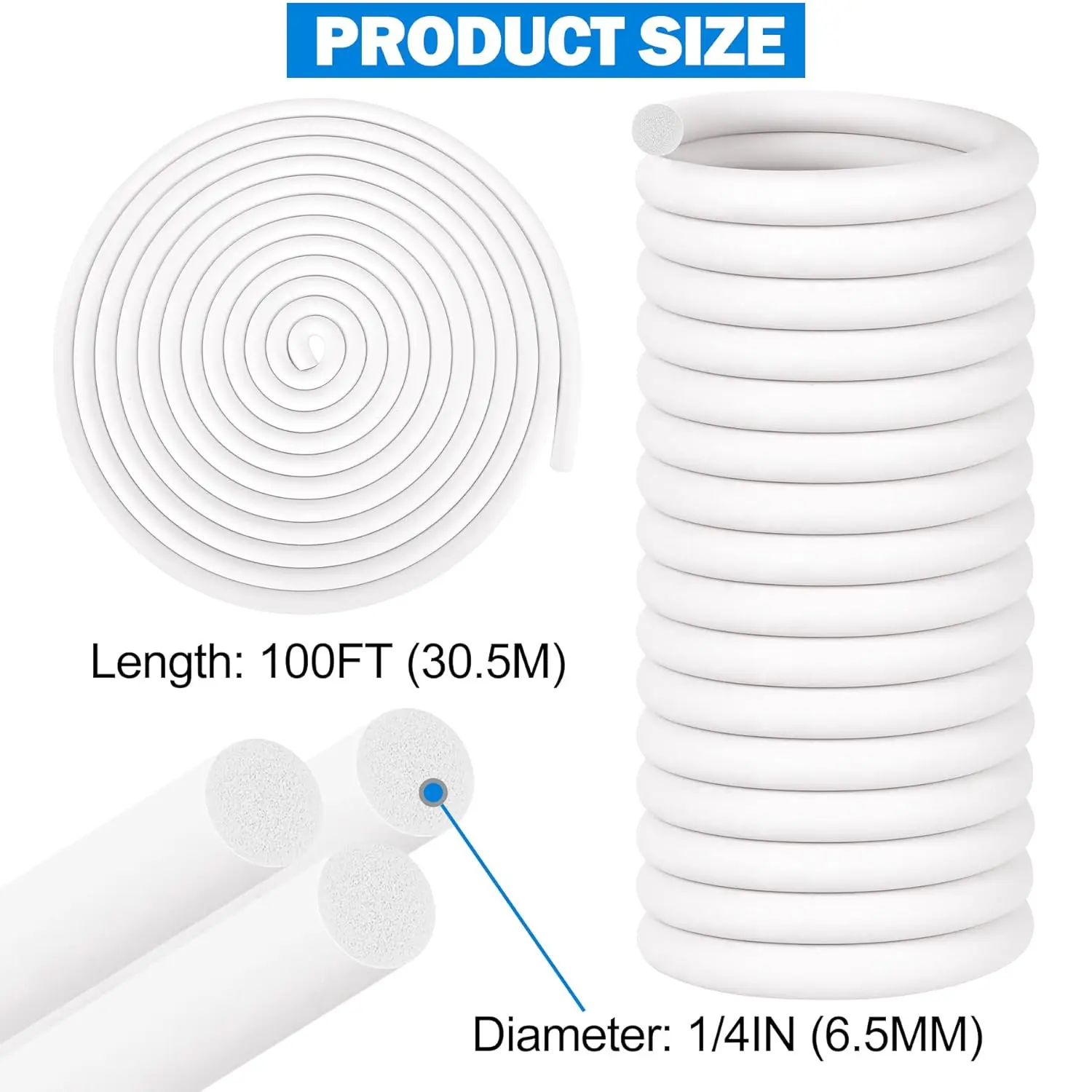 100FT Backer Rod 1/4 Inch Rubber Caulk Saver Weather Strip Seal Concrete Expansion Joint Filler for Gaps and Joints, White