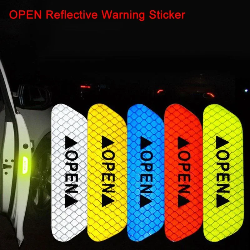 4PCS Universal Car Door OPEN Reflective Stickers Night Safety High Visibility Anti Crash Decals Auto Exterior Protection