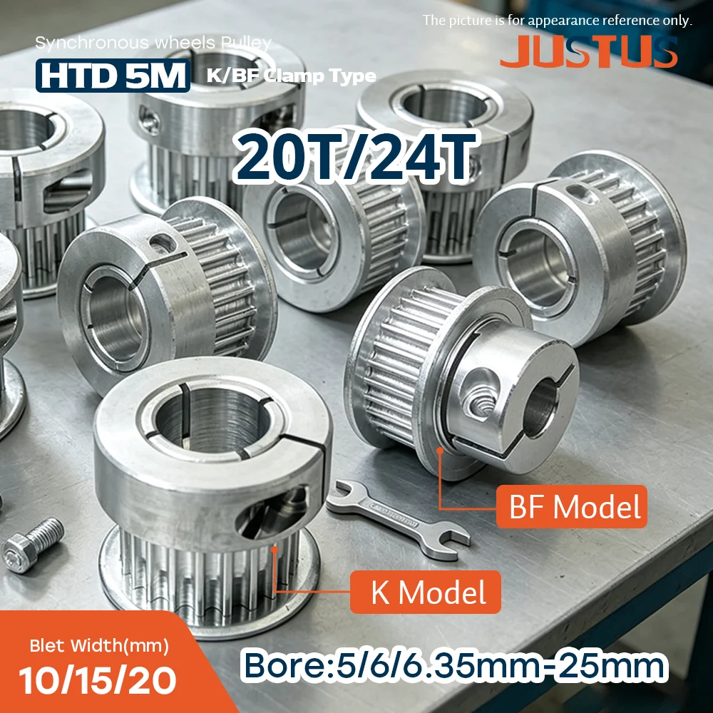 20T 24T HTD5M Зажимной синхронный шкив K/BF, диаметр отверстия 5‑25 мм, для зубчатого ремня шириной 10/15/20 мм, детали для 3D-принтера