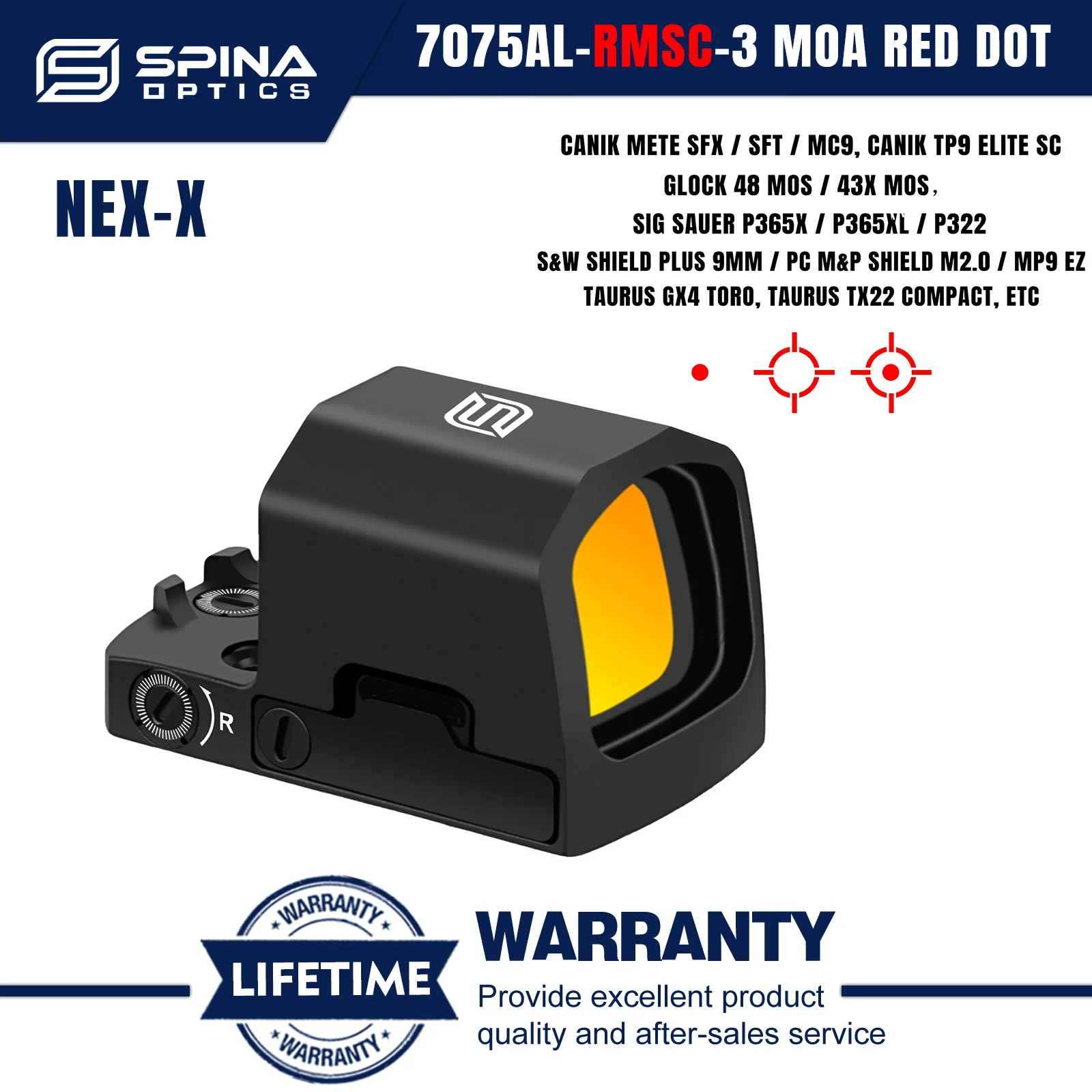 SPINA OPTICS NEX-X Enclosed Red Dot Sight S-CR RMSc 7075 aluminum Double Glazing  Hellcat Pro Glock48/43x MOS P365X/XL