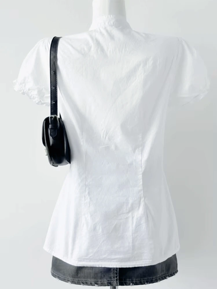 Deeptown White Basic Women Ruffle Shirts Elegant V Neck Short Sleeve Korean Fashion Crop Blouses Slim Japanese Preppy Jk Summer