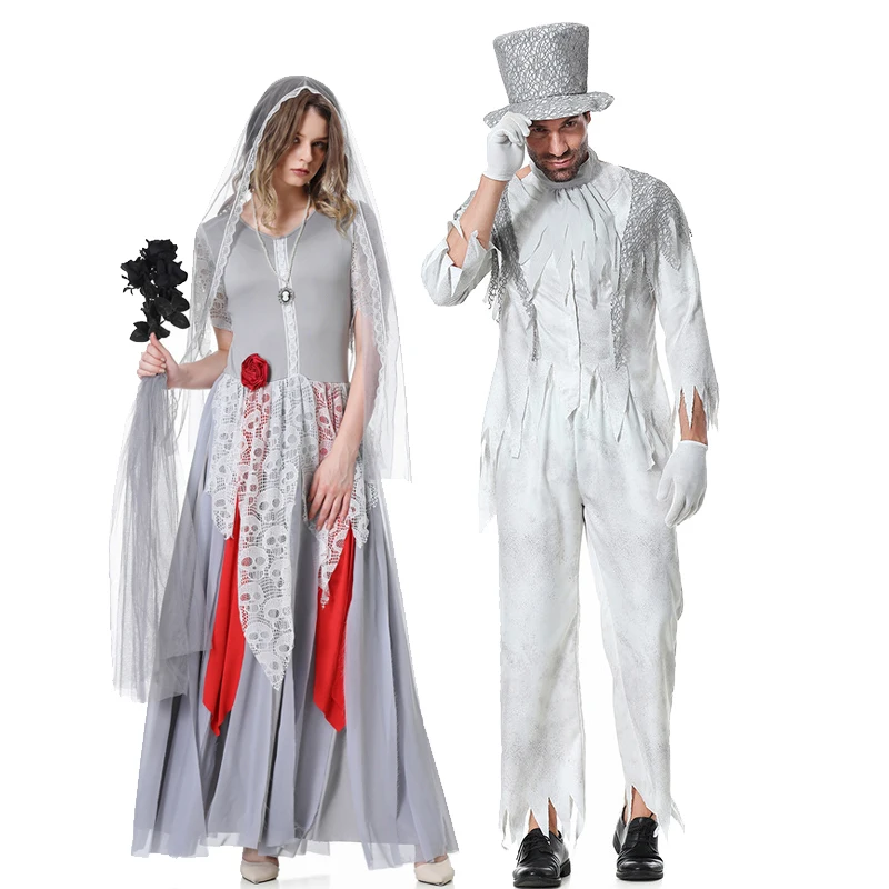 Carnival Halloween Couple Zombie Corpse Bride Costume Creepy Bloody Mary Day Of The Dead Outfit Cosplay Fancy Party Dress