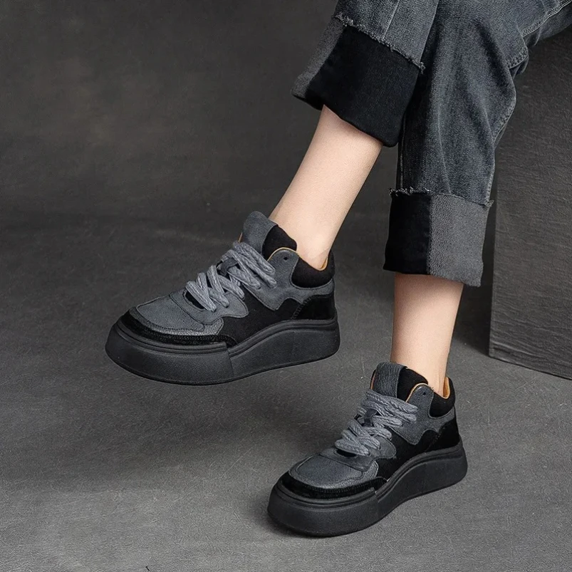 

Женская обувь 2025 г., 4 см, удобные кроссовки на массивном каблуке, джинсовые новые ботильоны из натуральной кожи, новые ботильоны на платформе, осень-весна