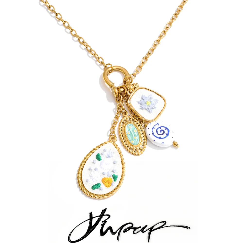 Yhpup 80+5cm Stainless Steel Embroidery Flower Pendant Long Necklace 2026 Spring Summer New Arrivals Statement Fashion Jewelry