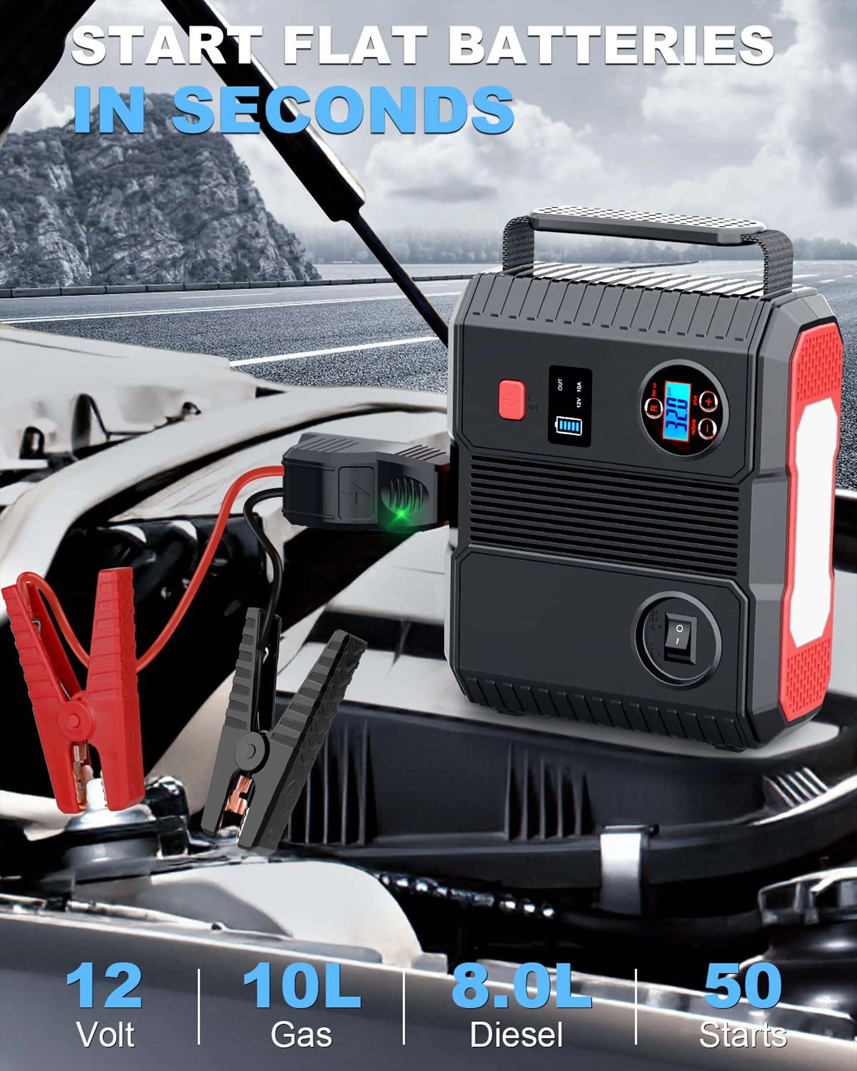 3000A Jump Starter Air Pump 24000mAh 12V Auto Battery Booster (All Gas/ 8LDiesel Engine) 2 USB Port