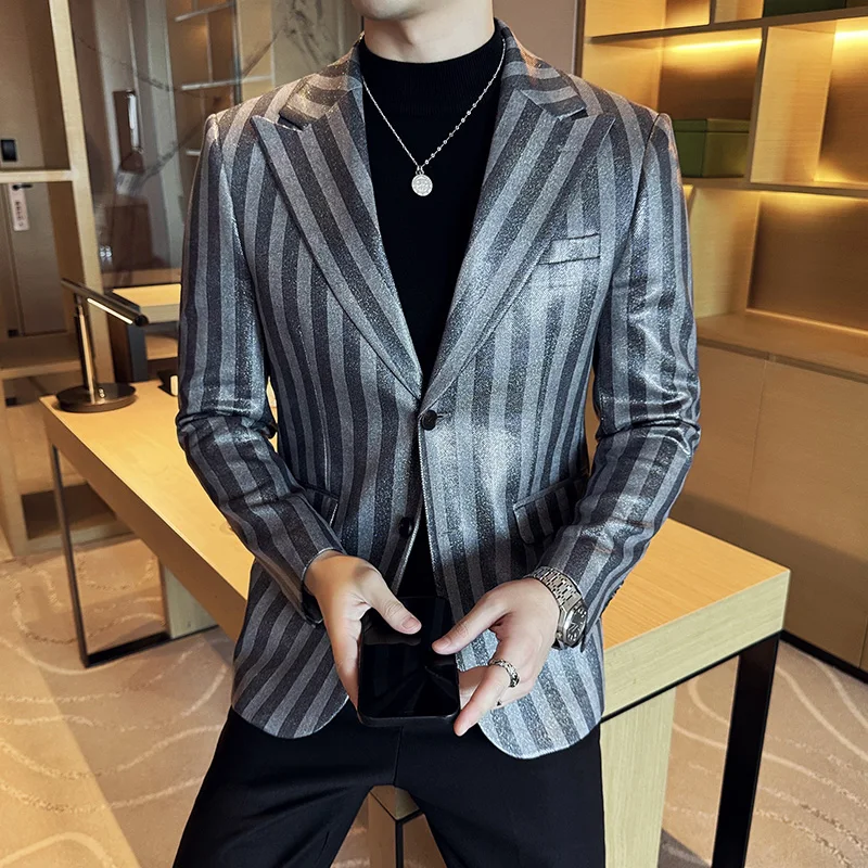 High Quality Striped Suede Suit Jacket for Men Slim Fit Casual Business Blazers Korean Version Wedding Banquet Formal Jacket