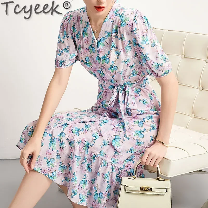 Tcyeek 100% Echte Maulbeerseide Kleid Frauen Sommer Kleidung Elegante frauen Kleider Mode Strand Kleider 2024 Vestido feminino