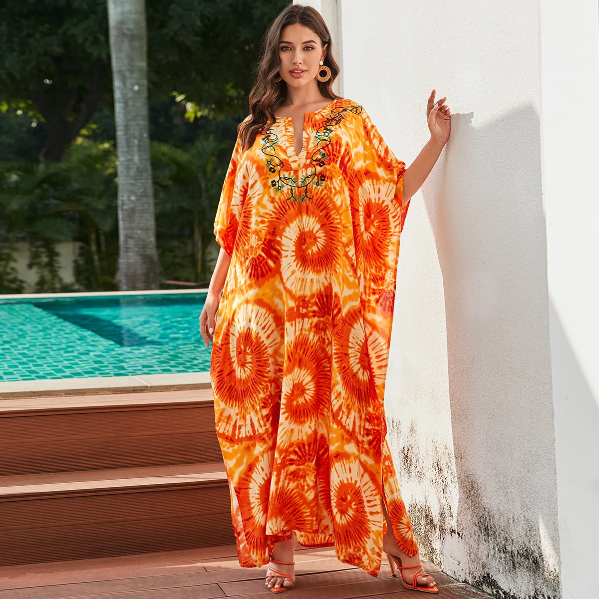 2024 Frauen plus Größe orange Druck Kaftan Stickerei V-Ausschnitt Seite Split Strand kleid gemütliche Haus Robe Badeanzug vertuschen