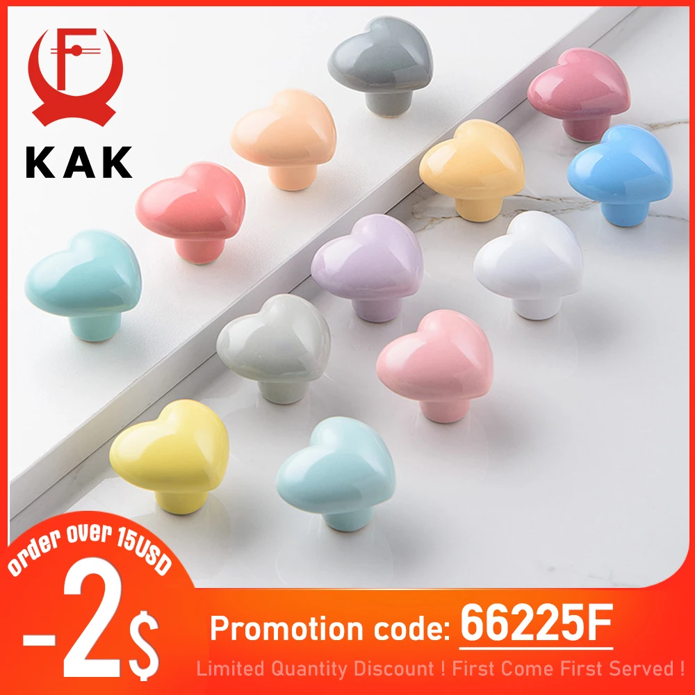 KAK Ceramic Cartoon Cabinet Knobs and Handles Colorful Heart Drawer Closet Handles Kids Room Furniture Handle Door Hardware