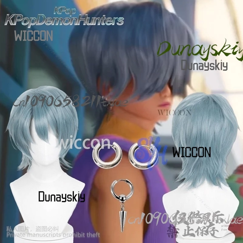 Huntrix KPop Demon Hunters Saja Boy Cosplay Mystery pelucas moradas y grises accesorios para el cabello rizado pelo corto sintético Halloween